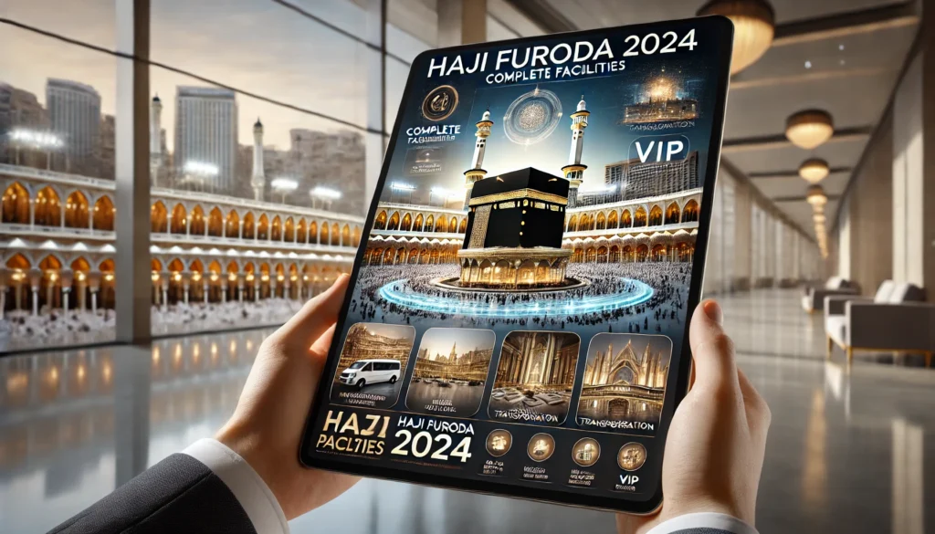 Brosur digital dengan informasi paket Haji Furoda 2024, lengkap dengan fasilitas dan latar belakang Mekkah yang megah serta atmosfer spiritual yang kuat