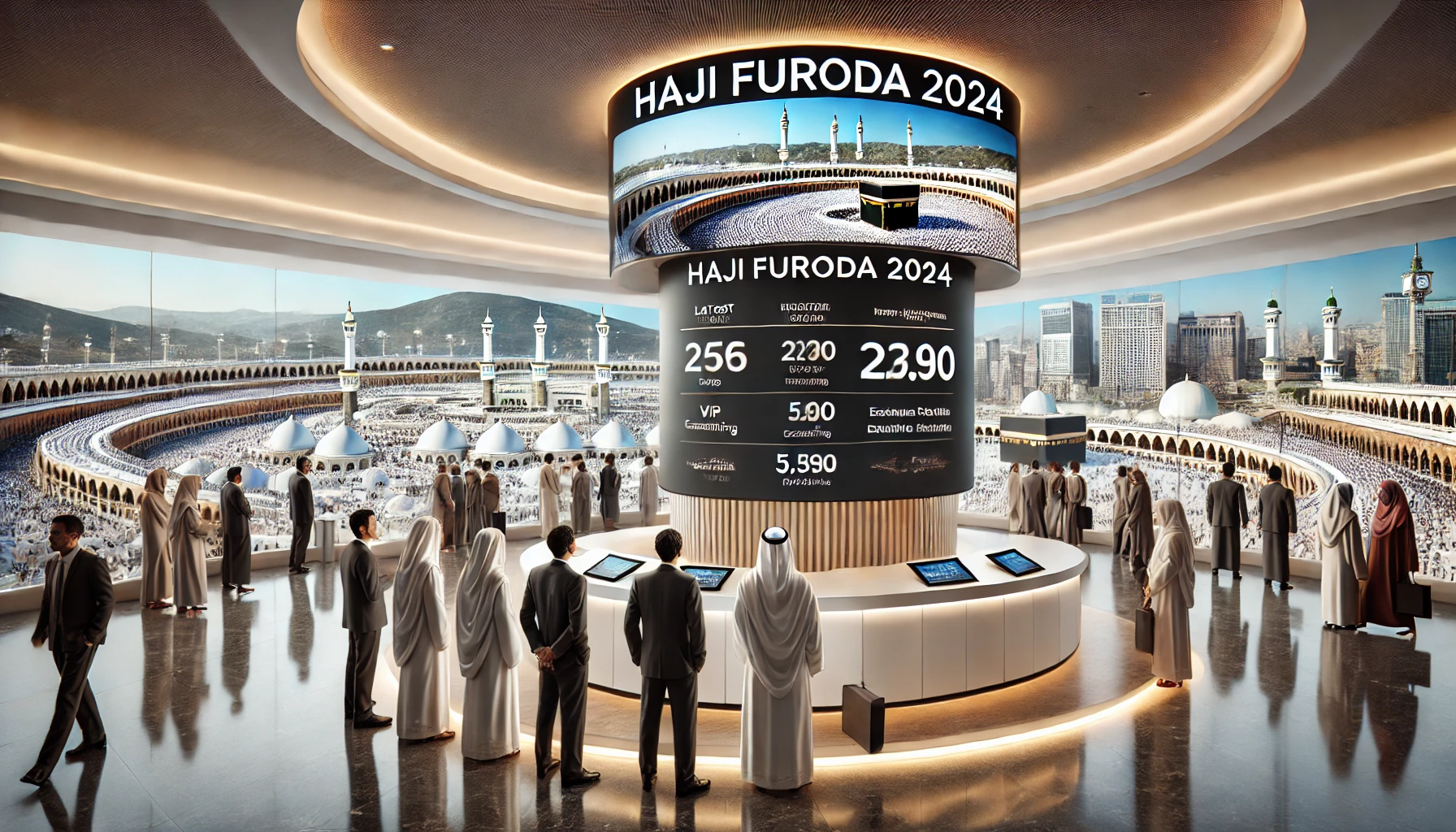 Ruang pameran modern dengan layar besar yang menampilkan rincian paket Haji Furoda 2024