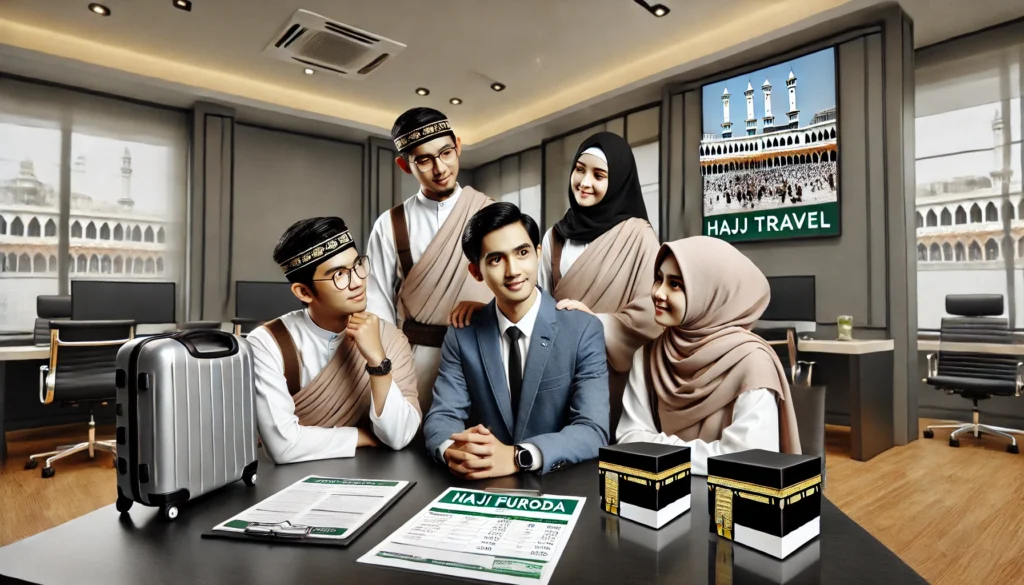 Sekelompok calon jemaah haji asal Indonesia sedang berkonsultasi dengan seorang agen travel Haji Furoda