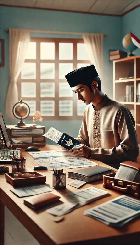6. Seorang individu Indonesia yang sedang mempersiapkan dokumen perjalanan untuk Haji Furoda