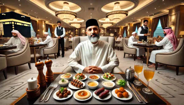 Jamaah Haji Furoda asal Indonesia yang sedang menikmati makanan di restoran