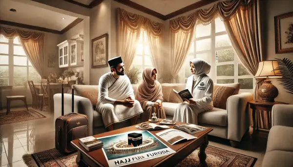 Keluarga Indonesia yang sedang berkumpul di ruang tamu, berdiskusi dengan agen travel tentang Paket Haji Furoda