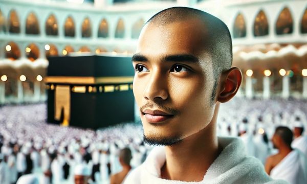 Seorang jamaah haji asal Indonesia dalam pakaian ihram