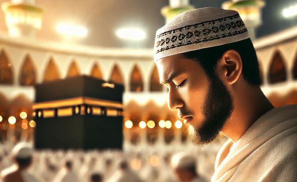 Seorang jemaah haji yang tampak konsentrasi saat membaca doa atau dzikir
